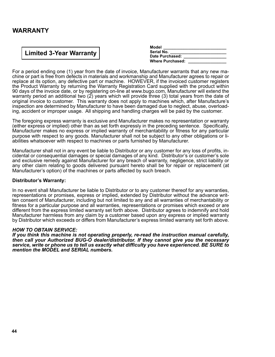 44 ...........warranty, Warranty limited 3-year warranty | BUG-O Systems UNI-BUG III User Manual | Page 44 / 44