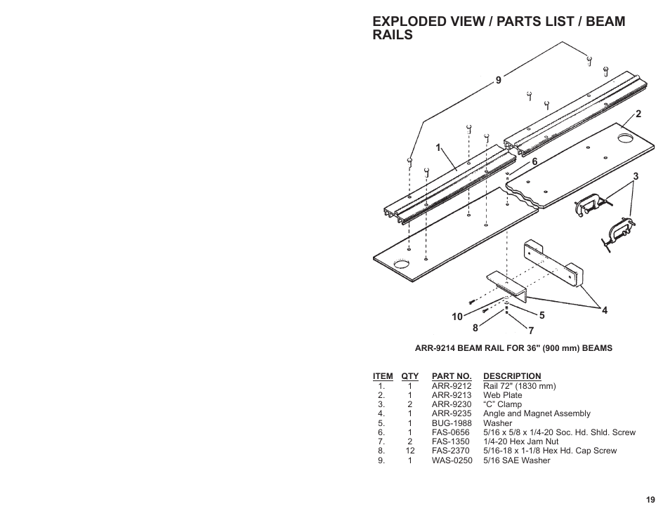 900 mm) beams, Exploded view / parts list / beam rails | BUG-O Systems BEAM BUG III User Manual | Page 19 / 23