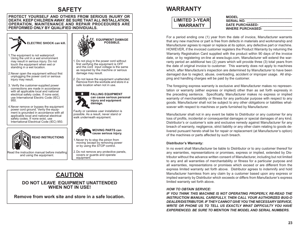 Warranty, Safety, Caution | Limited 3-year warranty | BUG-O Systems BEAM BUG III User Manual | Page 23 / 23
