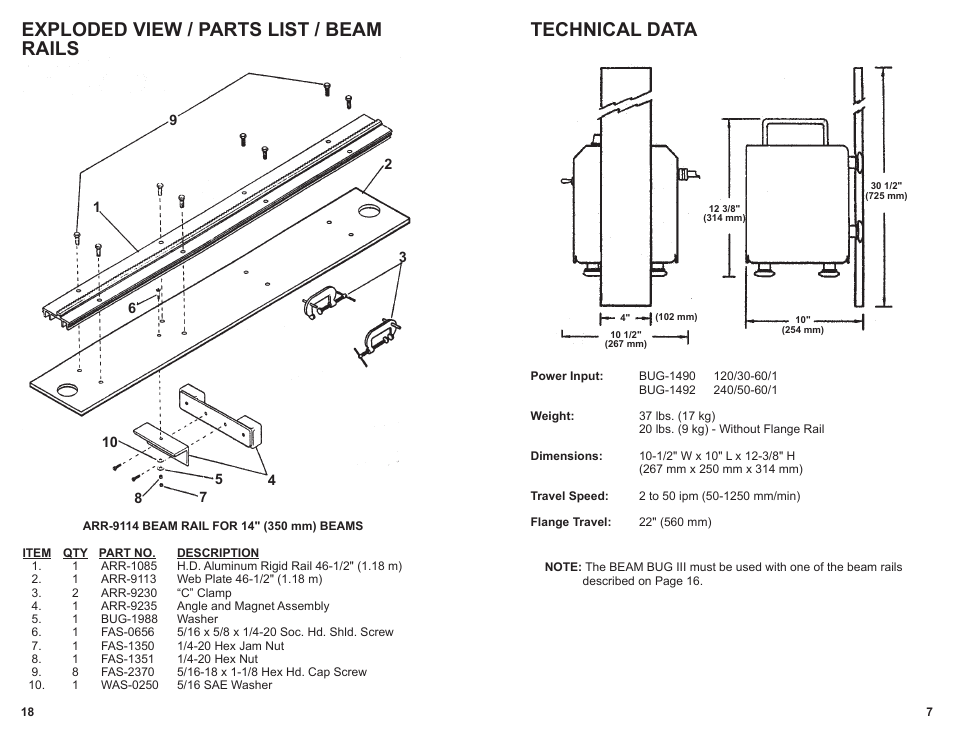 Technical data, Exploded view / parts list / beam rails | BUG-O Systems BEAM BUG III User Manual | Page 7 / 23