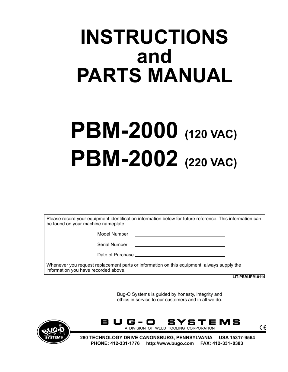 BUG-O Systems PBM-2000 User Manual | 17 pages