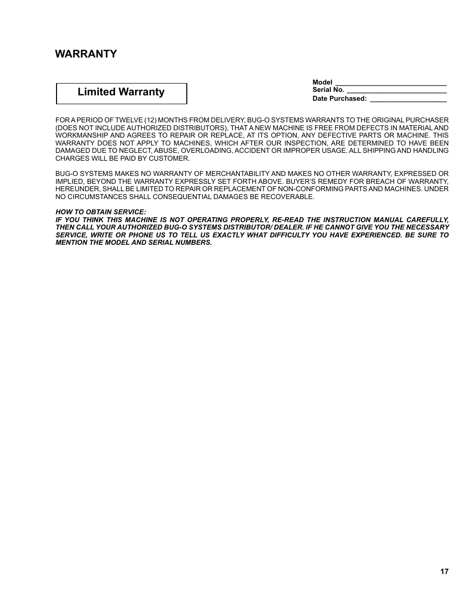 17 ........warranty, Limited warranty warranty | BUG-O Systems PBM-2000 User Manual | Page 17 / 17