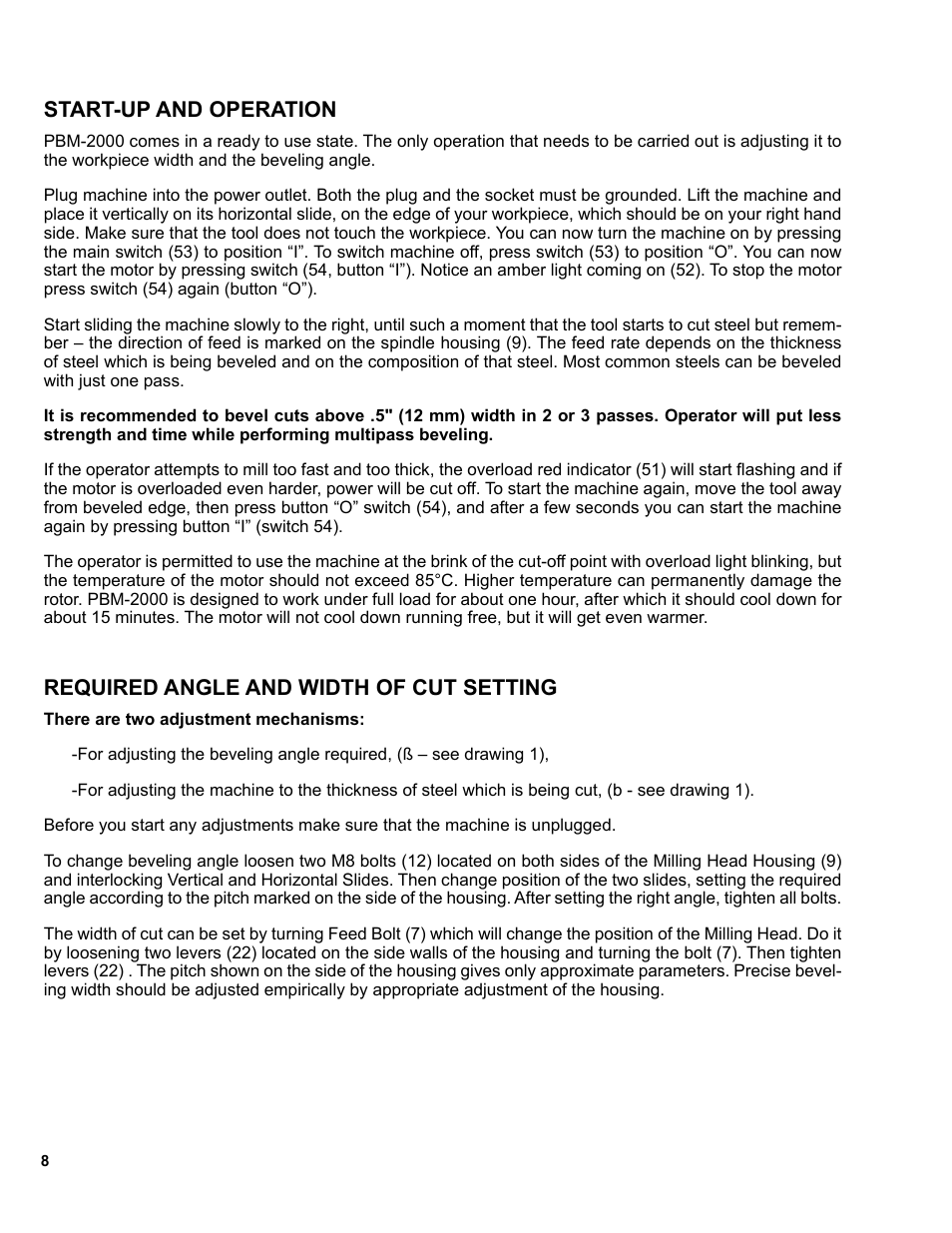 Start-up and operation, Required angle and width of cut setting | BUG-O Systems PBM-2000 User Manual | Page 8 / 17