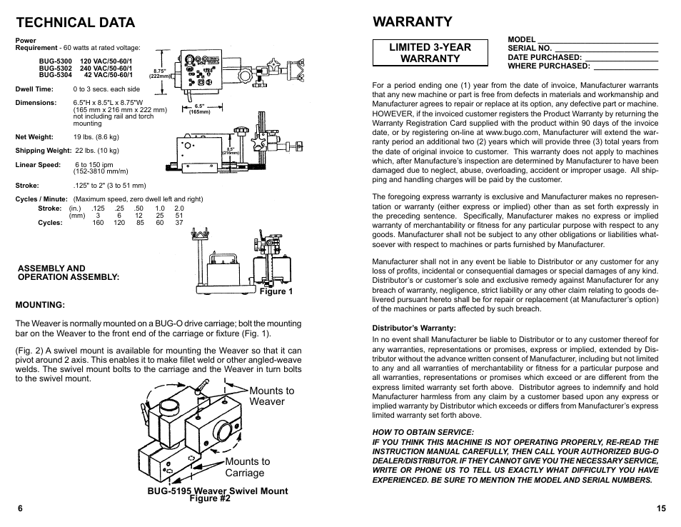 Warranty, Technical data, Mounts to weaver | Mounts to carriage, Limited 3-year warranty | BUG-O Systems Speed Weaver II User Manual | Page 14 / 14