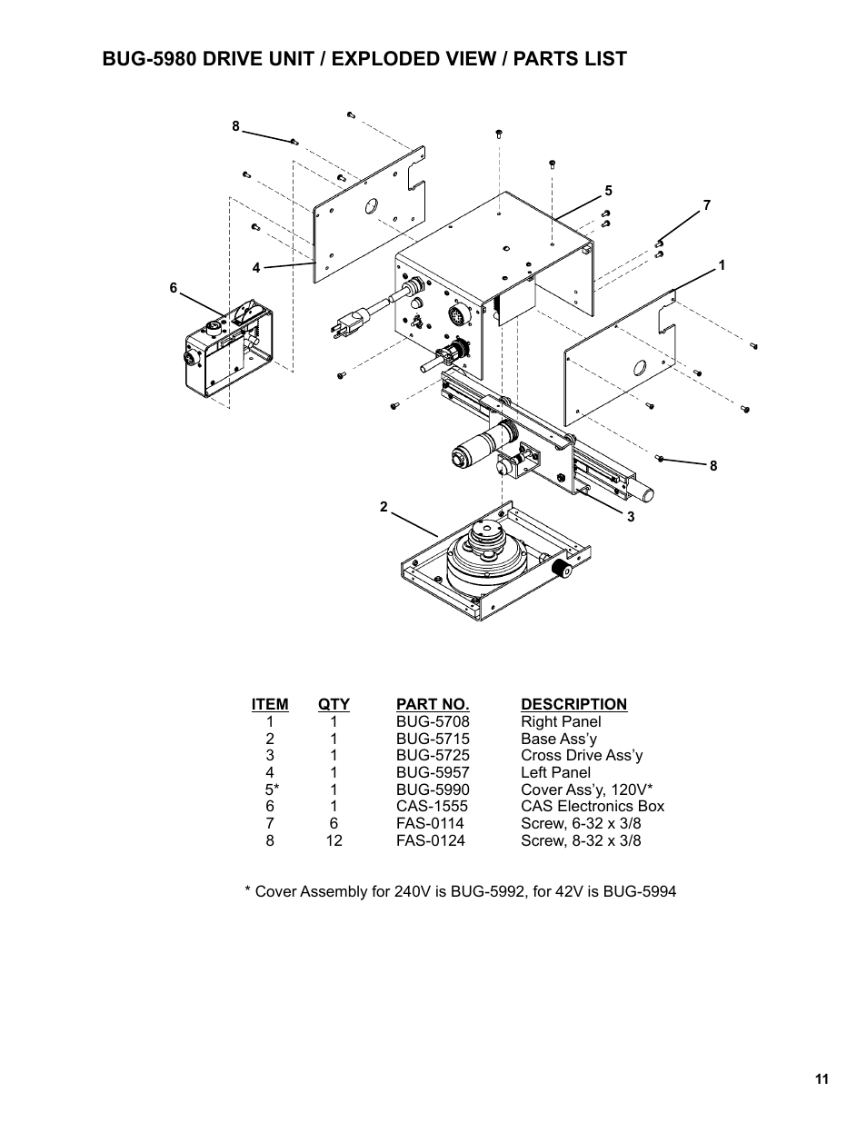 Bug-5980 drive unit, Bug-5980 drive unit / exploded view / parts list | BUG-O Systems BUG-6550 User Manual | Page 11 / 32