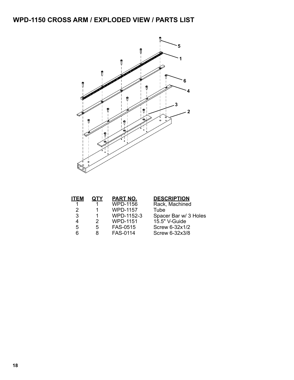 Wpd-1150 cross arm, Wpd-1150 cross arm / exploded view / parts list | BUG-O Systems BUG-6550 User Manual | Page 18 / 32