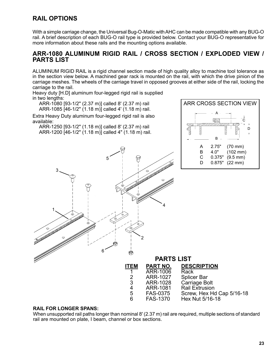 Rail options, Parts list | BUG-O Systems BUG-6550 User Manual | Page 23 / 32