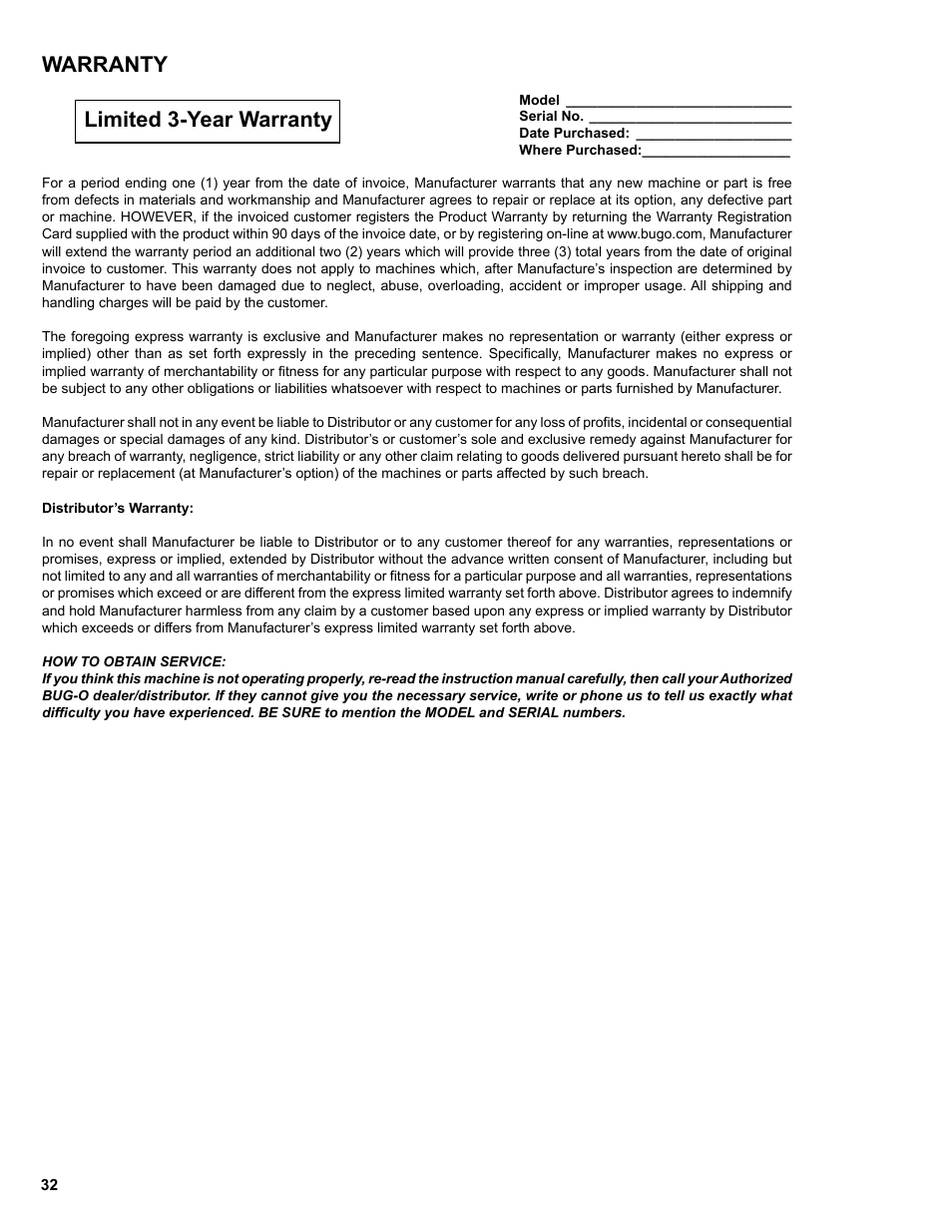 Warranty, Warranty limited 3-year warranty | BUG-O Systems BUG-6550 User Manual | Page 32 / 32