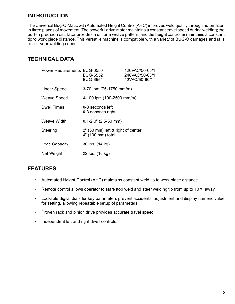 Introduction technical data features, Introduction, Technical data | Features | BUG-O Systems BUG-6550 User Manual | Page 5 / 32