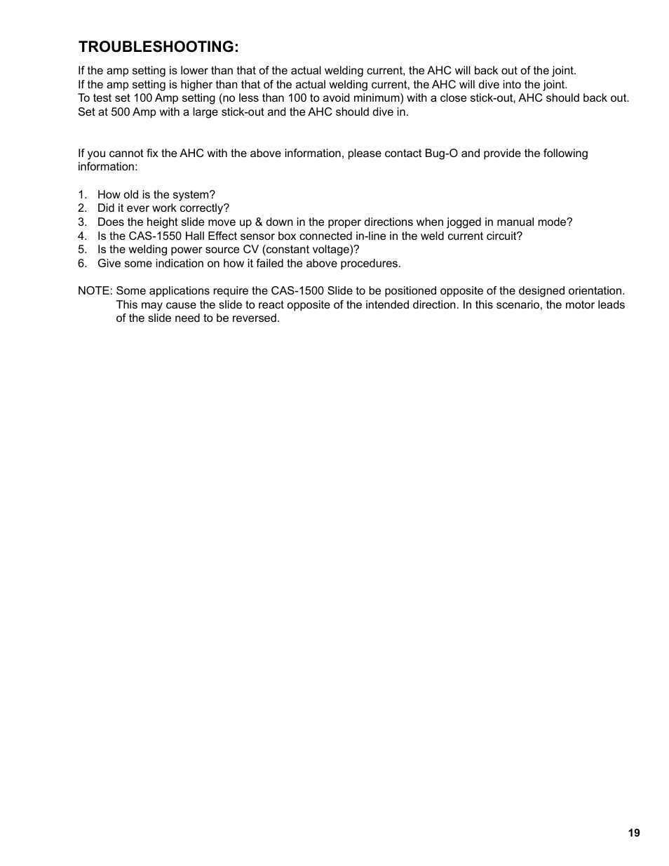 19 ..........troubleshooting, Troubleshooting | BUG-O Systems CAS-2050 User Manual | Page 19 / 20