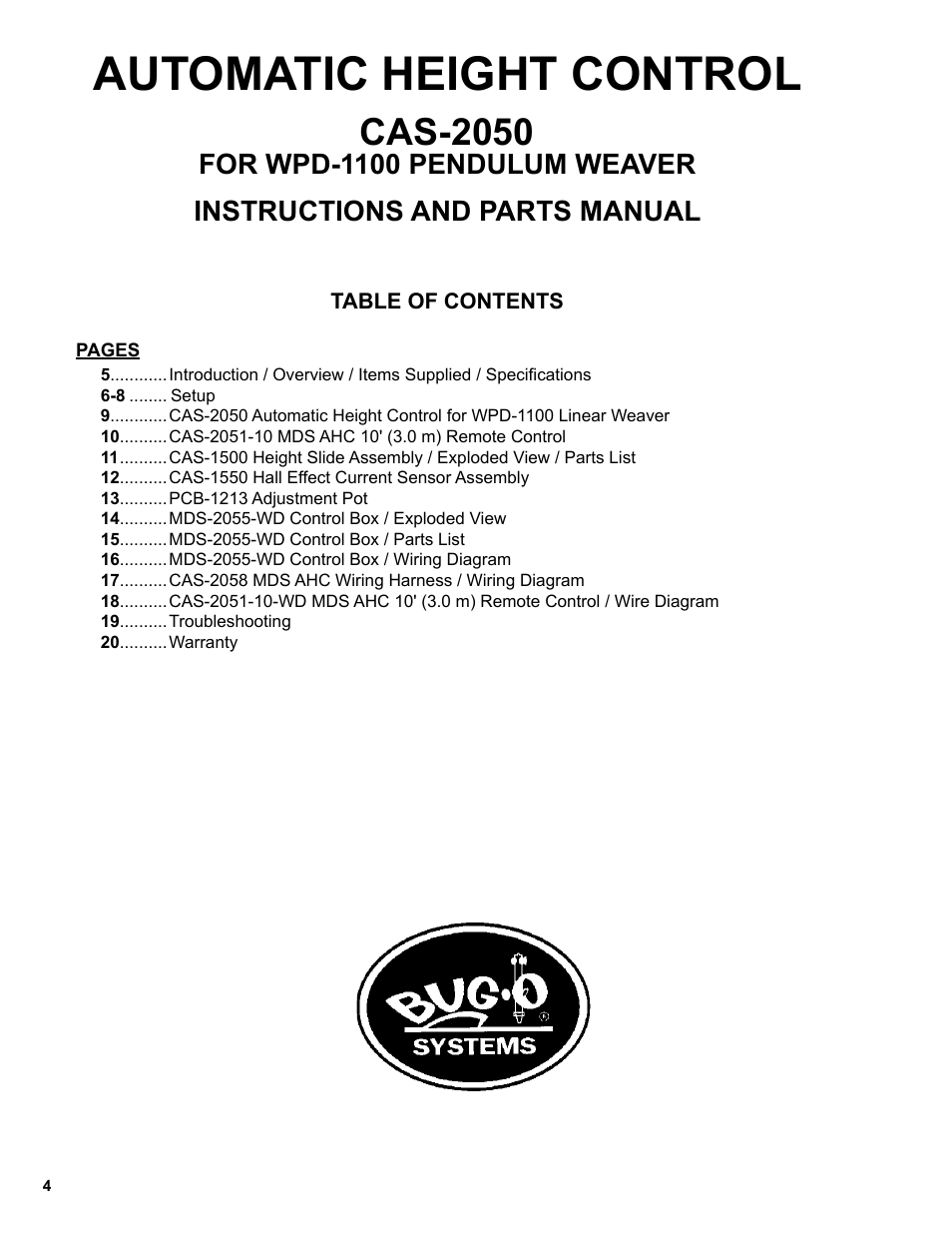 Automatic height control, Cas-2050, Instructions and parts manual | For wpd-1100 pendulum weaver | BUG-O Systems CAS-2050 User Manual | Page 4 / 20