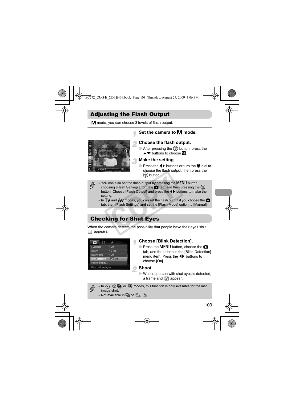 Adjusting the flash output checking for shut eyes, Put (p. 103), K detection (p. 103) | Co py | Canon Battery Charger CB-2LY CDI-E409-020 User Manual | Page 103 / 179