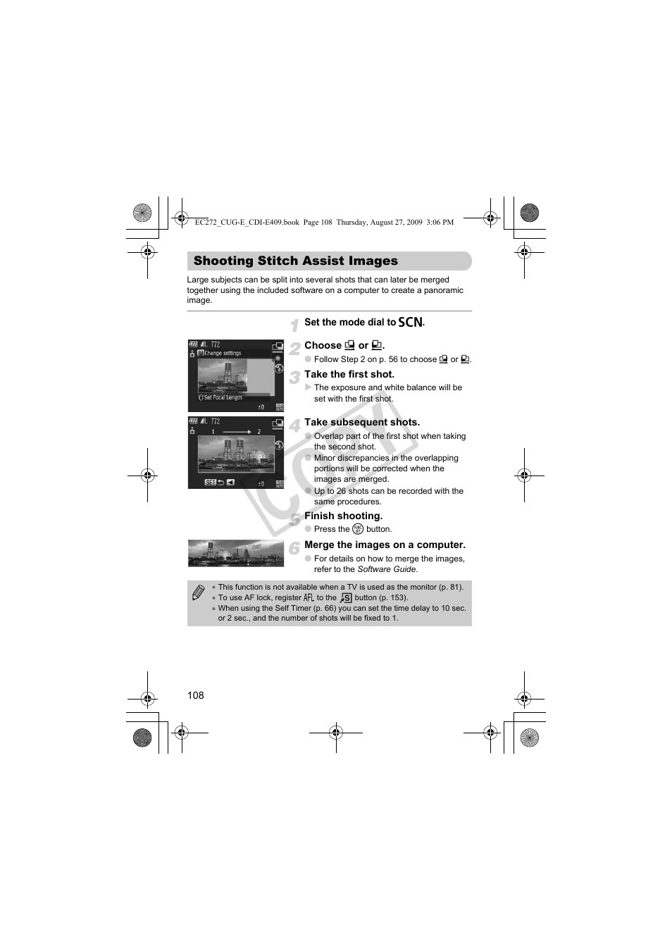 Shooting stitch assist images, Shooting stitch assist images” (p. 108), Co py | Canon Battery Charger CB-2LY CDI-E409-020 User Manual | Page 108 / 179