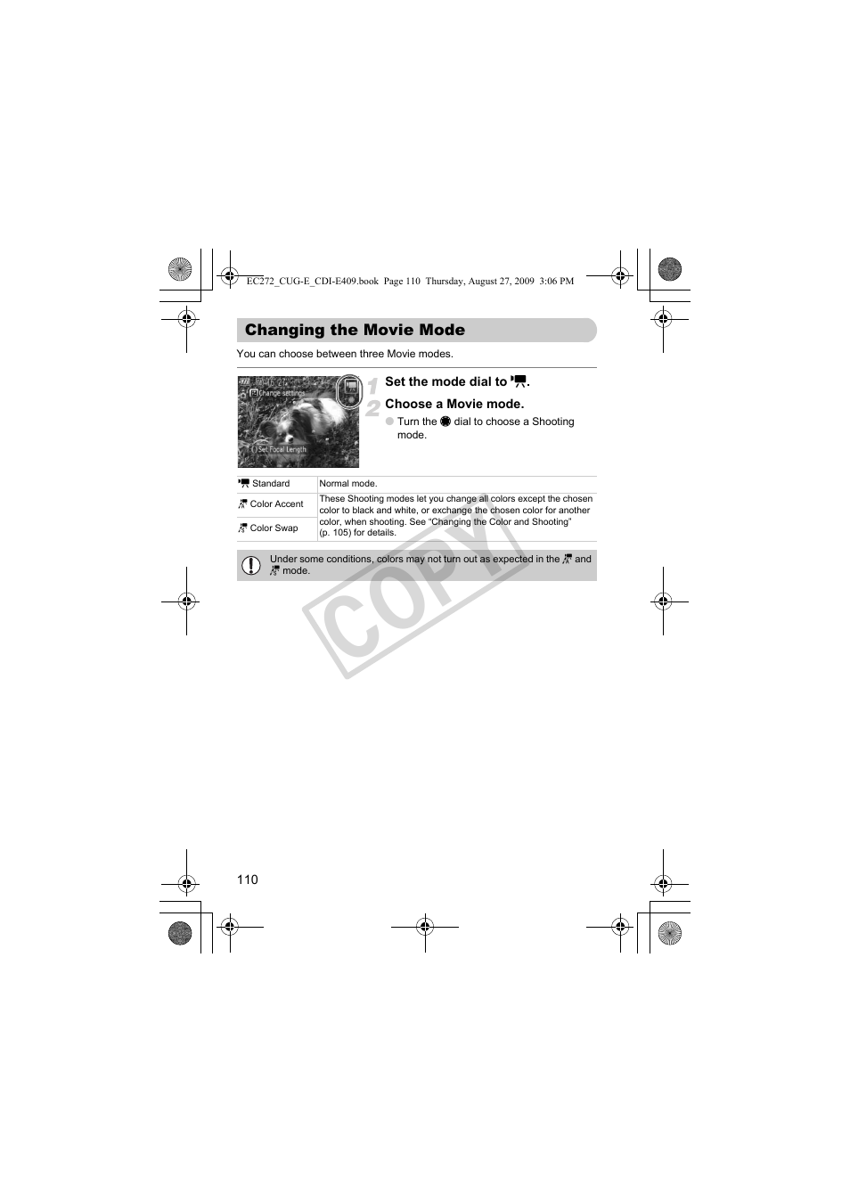 Changing the movie mode, Co py | Canon Battery Charger CB-2LY CDI-E409-020 User Manual | Page 110 / 179