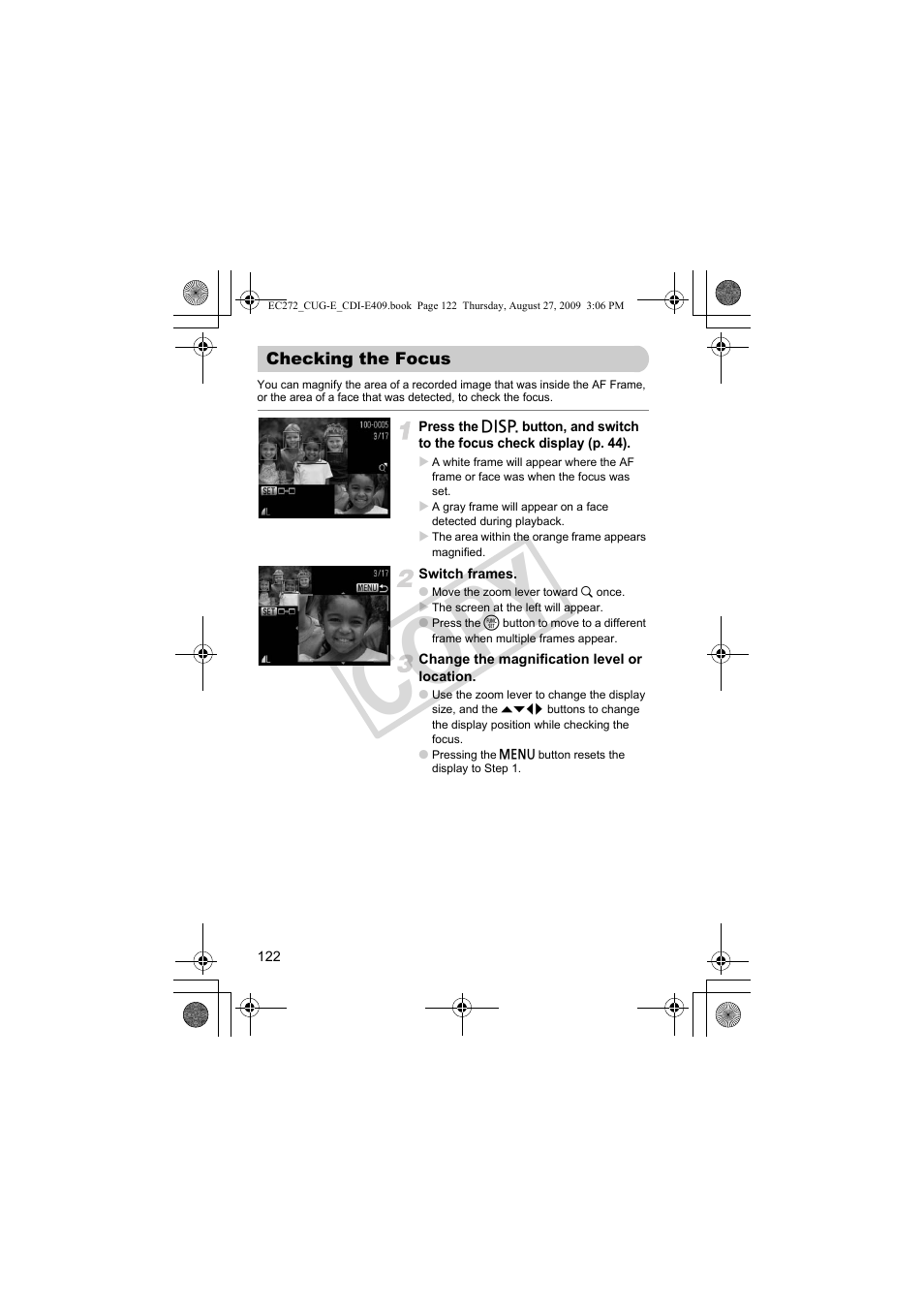 Checking the focus, P. 122), Co py | Canon Battery Charger CB-2LY CDI-E409-020 User Manual | Page 122 / 179