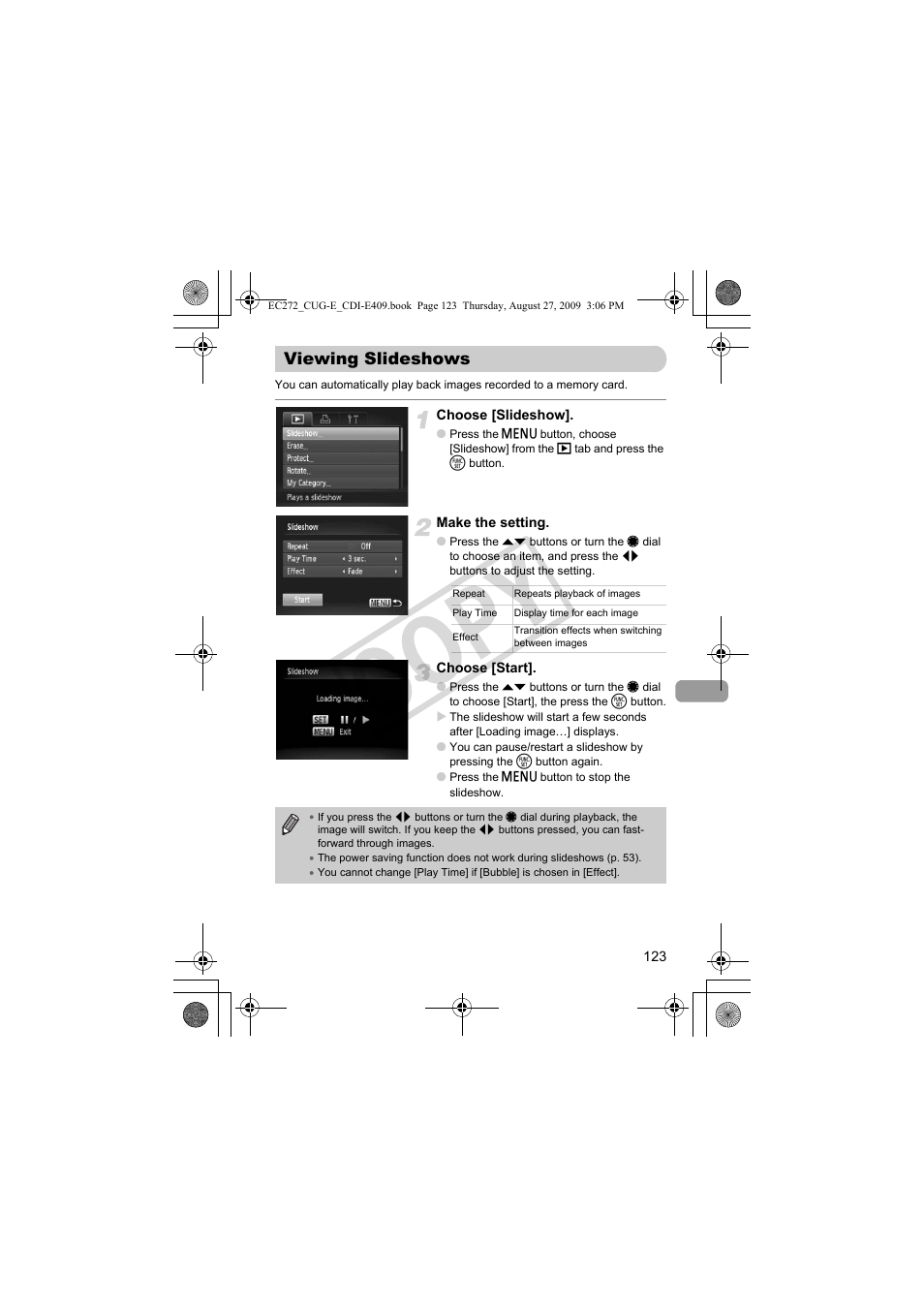 Viewing slideshows, Viewing slideshows (p. 123), Viewing slideshows” (p. 123) | Co py | Canon Battery Charger CB-2LY CDI-E409-020 User Manual | Page 123 / 179