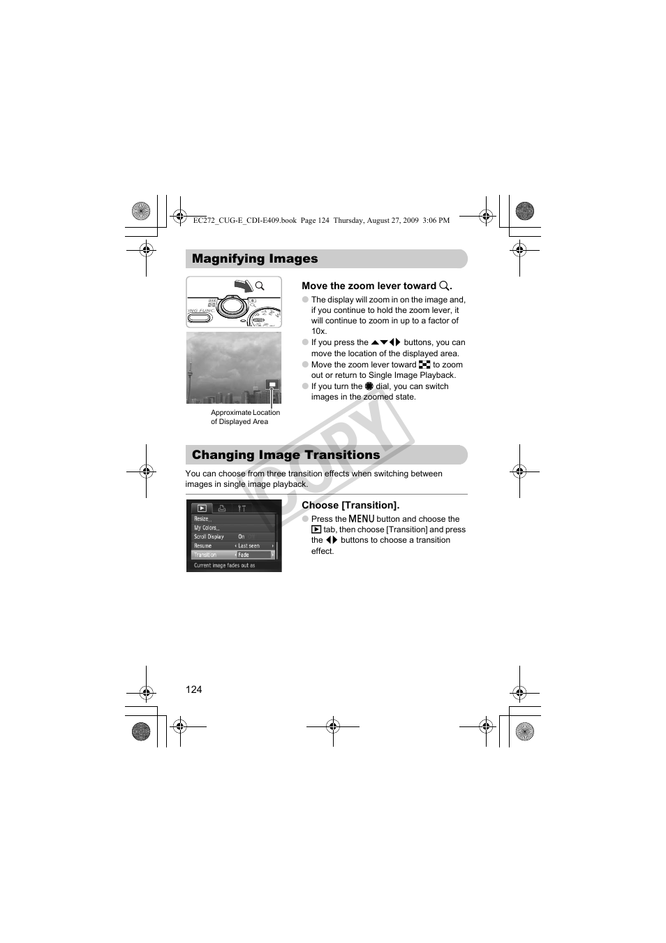 Magnifying images changing image transitions, P. 124), Changing image transitions (p. 124) | And “magnifying images” (p. 124). yo, Co py | Canon Battery Charger CB-2LY CDI-E409-020 User Manual | Page 124 / 179