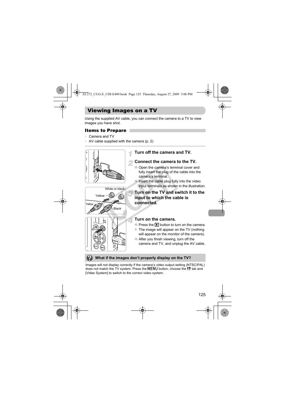 Viewing images on a tv, P. 125), Viewing images on a tv (p. 125) | Co py | Canon Battery Charger CB-2LY CDI-E409-020 User Manual | Page 125 / 179