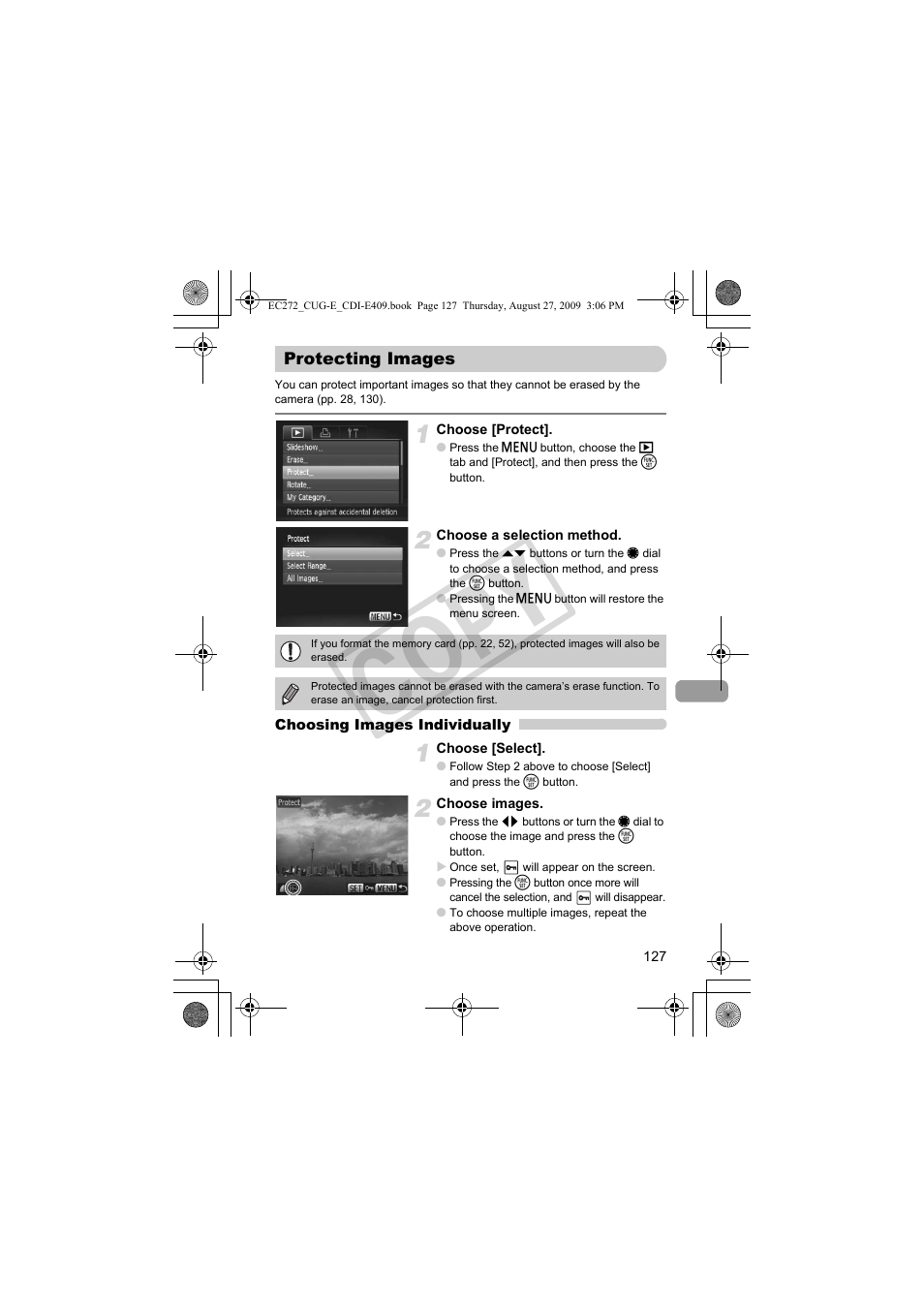 Protecting images, Tect (p. 127), Protecting images (p. 127) | Protecting images” (p. 127), Co py | Canon Battery Charger CB-2LY CDI-E409-020 User Manual | Page 127 / 179