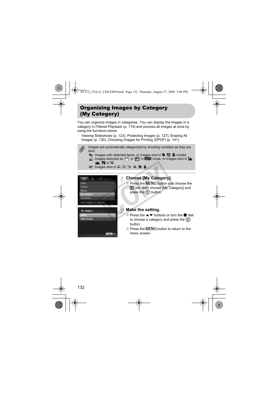 Organizing images by category, My category), My category (p. 132) | P. 132, Co py | Canon Battery Charger CB-2LY CDI-E409-020 User Manual | Page 132 / 179