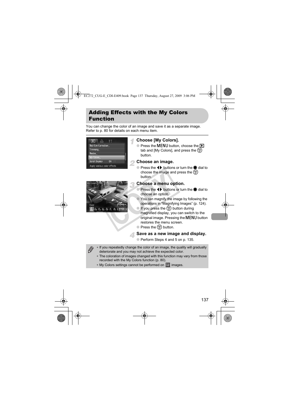 Adding effects with the, My colors function, Co py | Canon Battery Charger CB-2LY CDI-E409-020 User Manual | Page 137 / 179