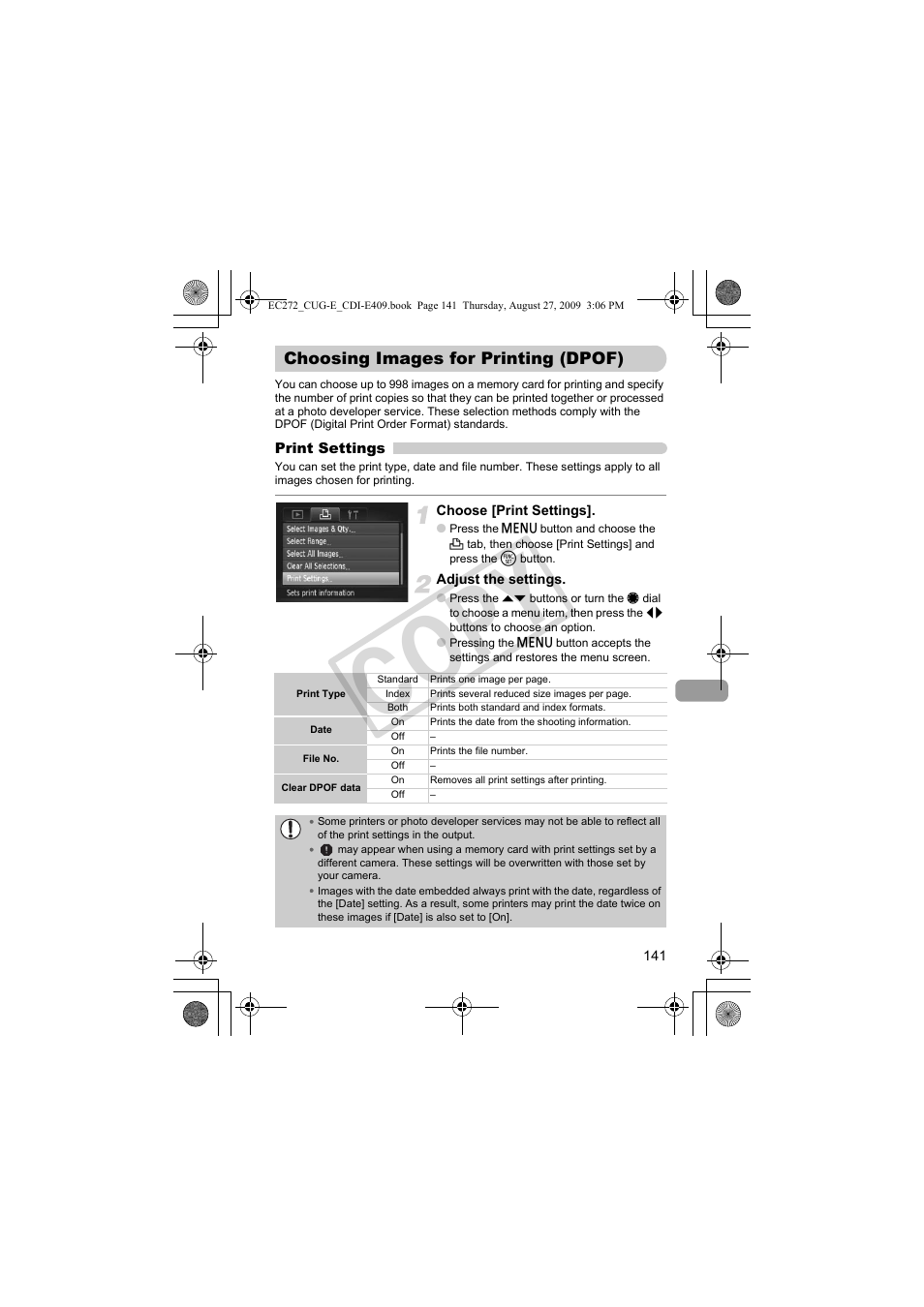 Choosing images for printing, Dpof), S (p. 141) to p | P. 141), Co py | Canon Battery Charger CB-2LY CDI-E409-020 User Manual | Page 141 / 179