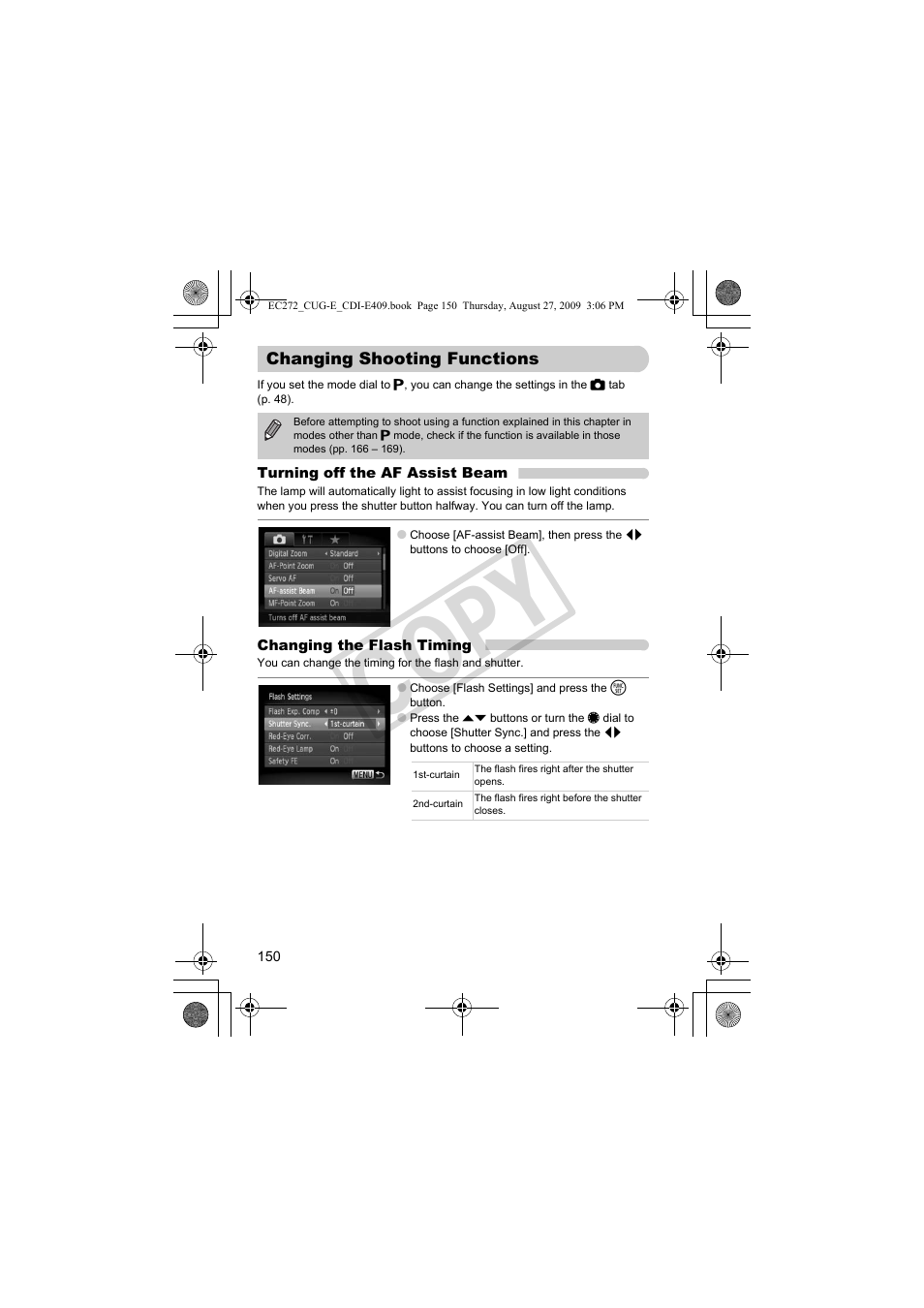 Changing shooting functions, Af assist beam (p. 150) / red-eye, Turning off the af assist beam (p. 150) | Co py | Canon Battery Charger CB-2LY CDI-E409-020 User Manual | Page 150 / 179