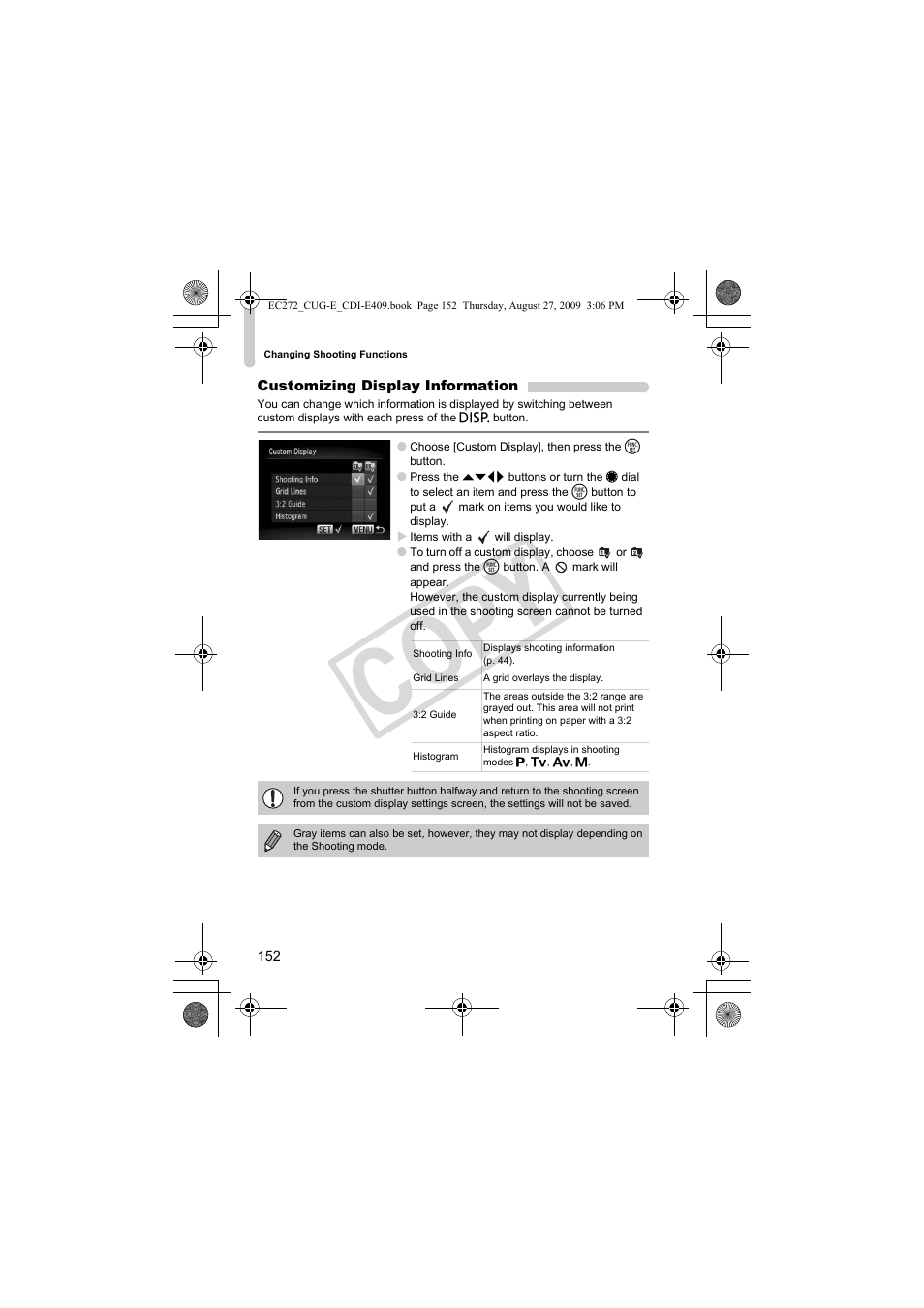 Lines (p. 152), G (p. 152, Customizing display information (p. 152) | Co py | Canon Battery Charger CB-2LY CDI-E409-020 User Manual | Page 152 / 179