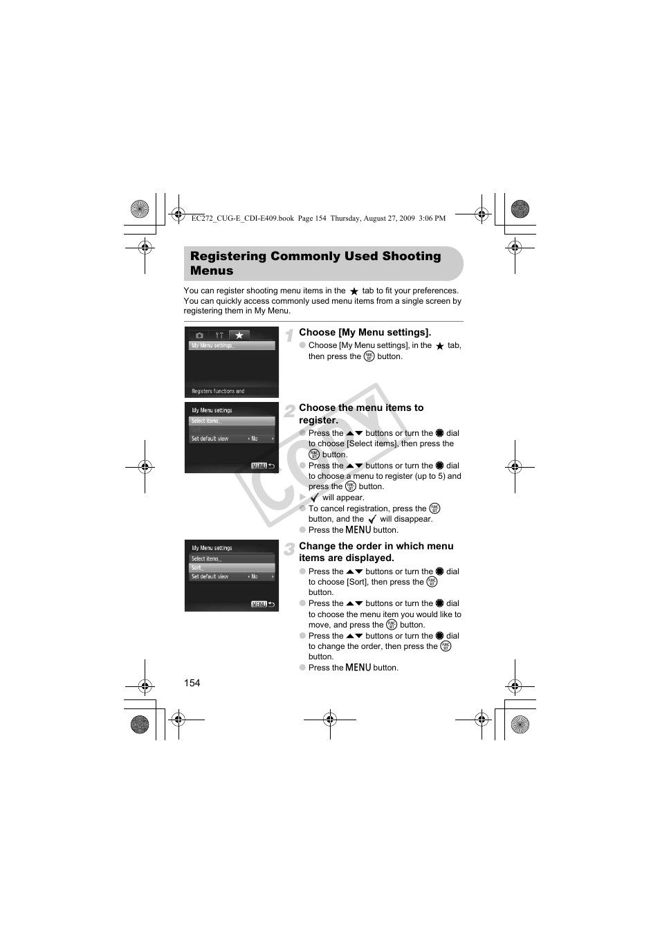 Registering commonly used, Shooting menus, Ems (p. 154) | Co py | Canon Battery Charger CB-2LY CDI-E409-020 User Manual | Page 154 / 179