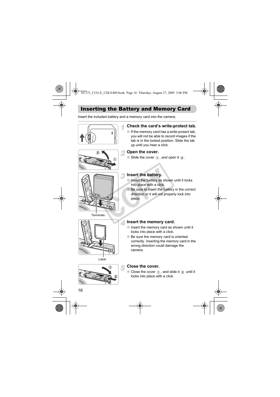 Inserting the battery, And memory card, Co py | Canon Battery Charger CB-2LY CDI-E409-020 User Manual | Page 16 / 179