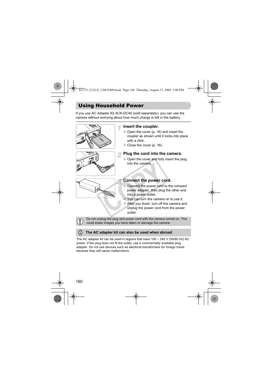 Using household power, R (p. 160), Co py | Canon Battery Charger CB-2LY CDI-E409-020 User Manual | Page 160 / 179