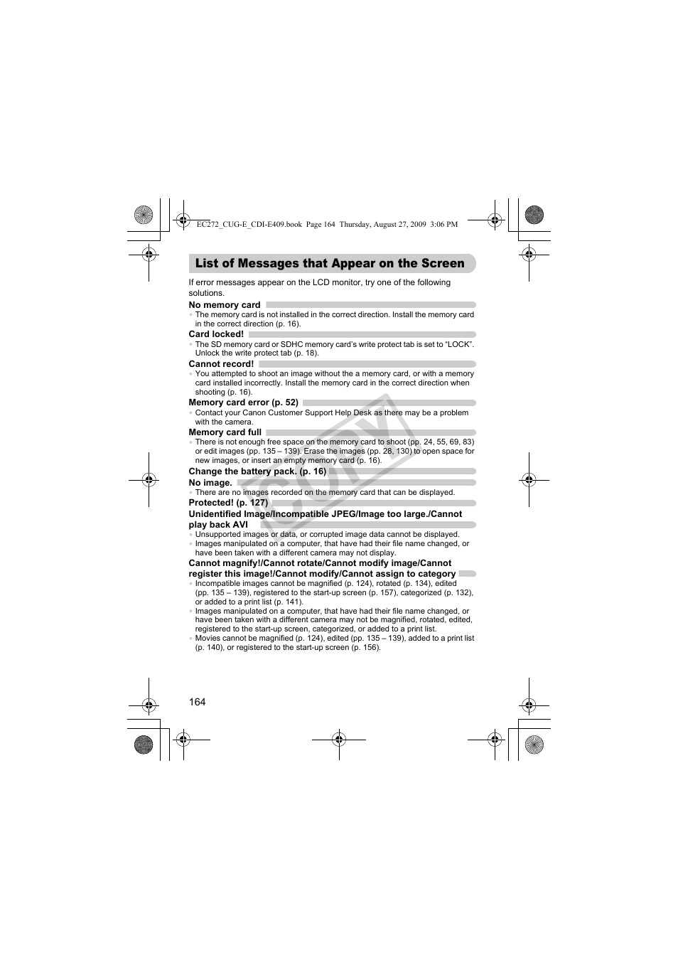 List of messages that appear, On the screen, Co p y | Canon Battery Charger CB-2LY CDI-E409-020 User Manual | Page 164 / 179