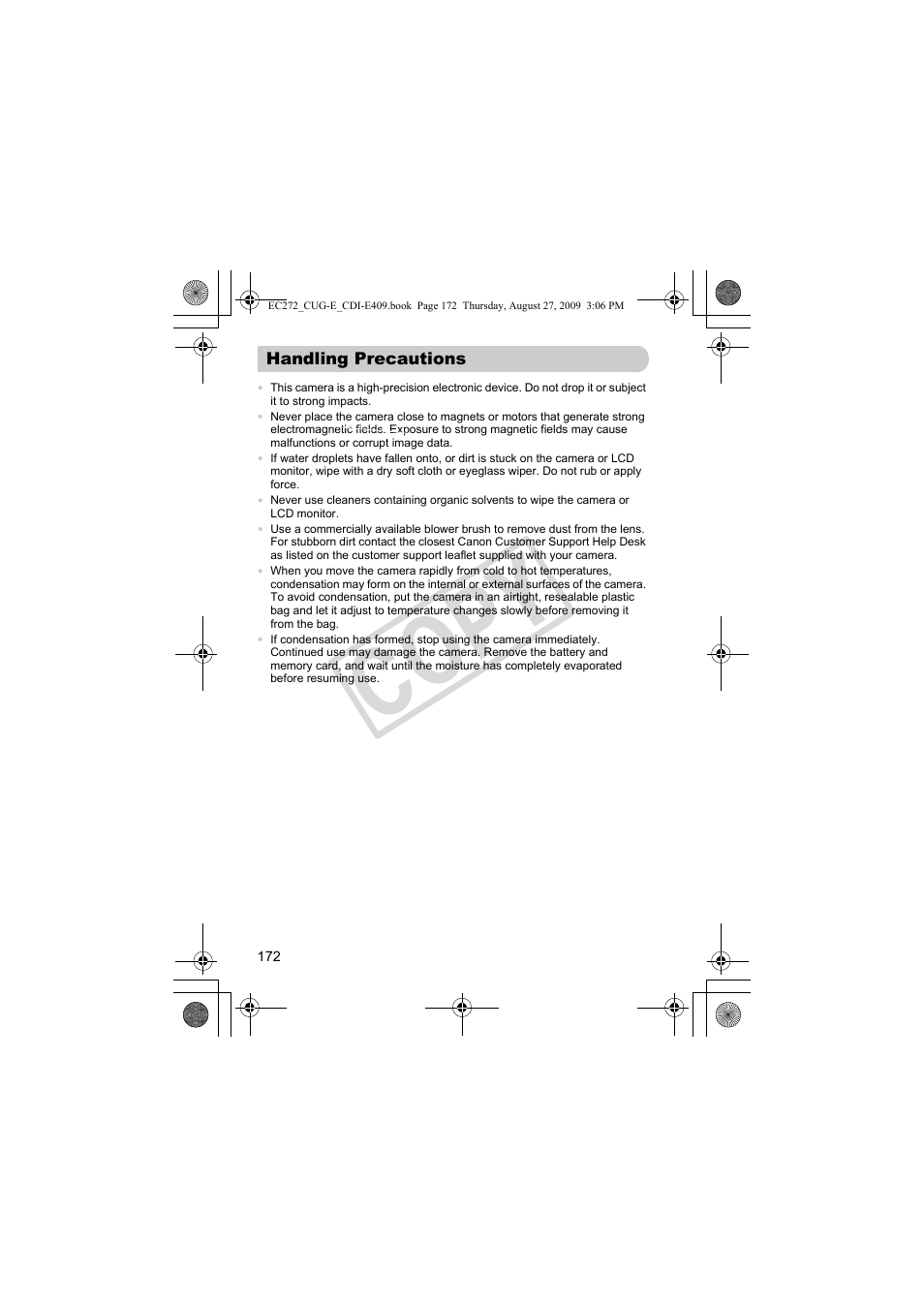 Handling precautions, Co py | Canon Battery Charger CB-2LY CDI-E409-020 User Manual | Page 172 / 179