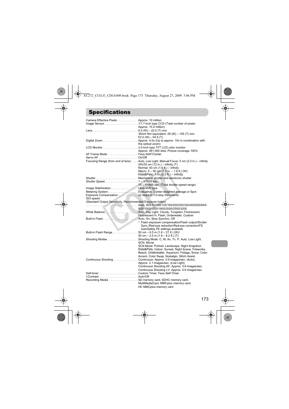 Specifications, P. 173), Co py | Canon Battery Charger CB-2LY CDI-E409-020 User Manual | Page 173 / 179