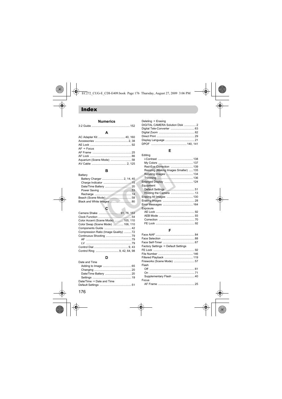 Index, C o p y | Canon Battery Charger CB-2LY CDI-E409-020 User Manual | Page 176 / 179