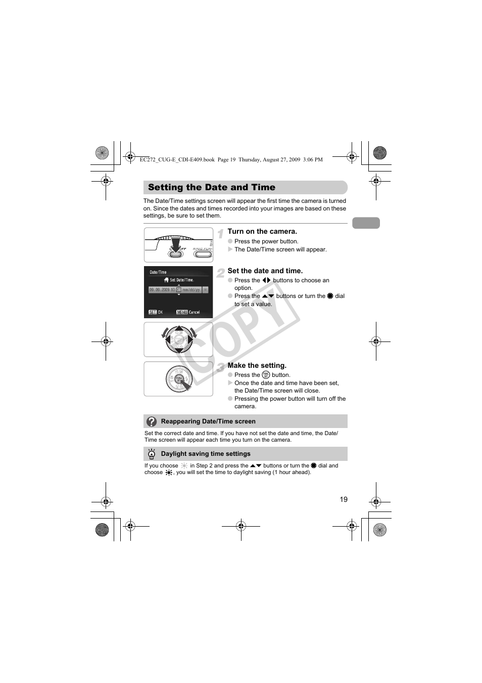 Setting the date and time, Co py | Canon Battery Charger CB-2LY CDI-E409-020 User Manual | Page 19 / 179