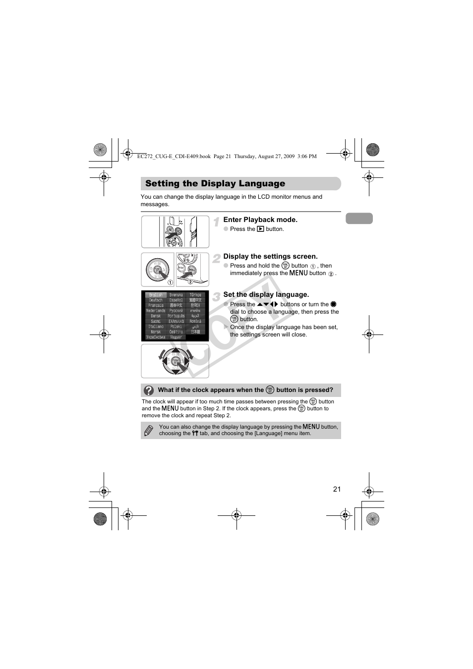 Setting the display language, Co py | Canon Battery Charger CB-2LY CDI-E409-020 User Manual | Page 21 / 179