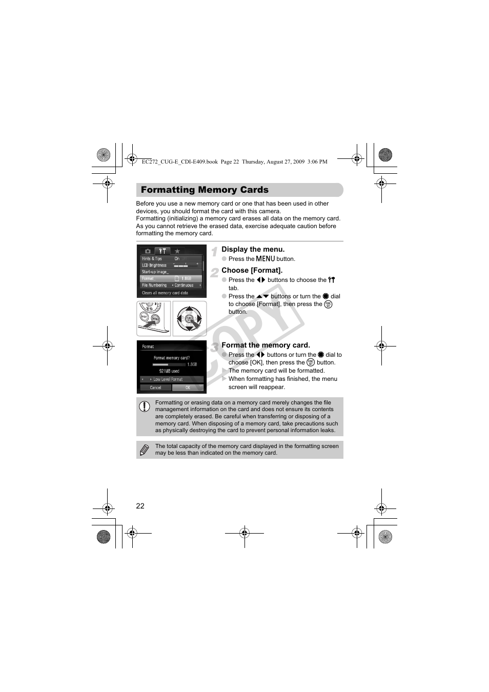 Formatting memory cards, Co py | Canon Battery Charger CB-2LY CDI-E409-020 User Manual | Page 22 / 179