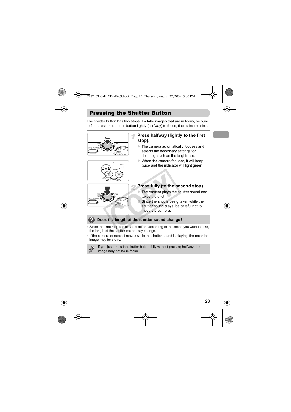 Pressing the shutter button, Co py | Canon Battery Charger CB-2LY CDI-E409-020 User Manual | Page 23 / 179