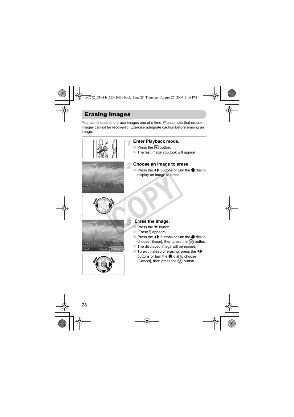 Erasing images, Co py | Canon Battery Charger CB-2LY CDI-E409-020 User Manual | Page 28 / 179