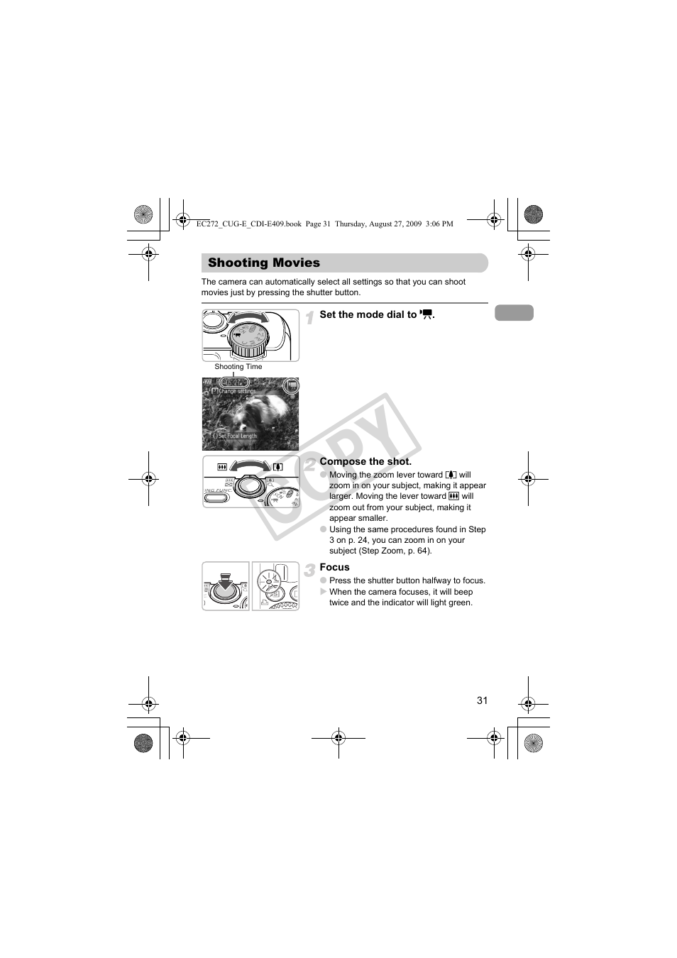 Shooting movies, Co py | Canon Battery Charger CB-2LY CDI-E409-020 User Manual | Page 31 / 179