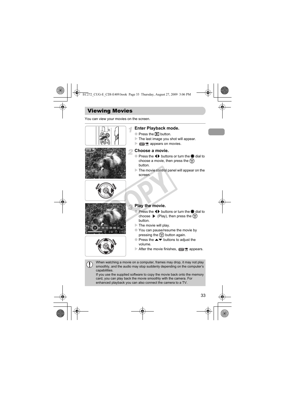 Viewing movies, Co py | Canon Battery Charger CB-2LY CDI-E409-020 User Manual | Page 33 / 179