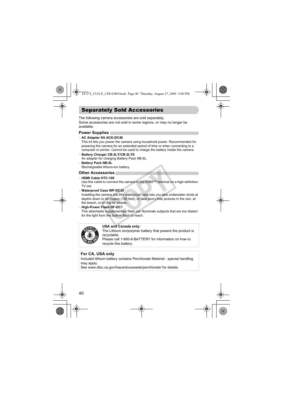 Separately sold accessories, Co py | Canon Battery Charger CB-2LY CDI-E409-020 User Manual | Page 40 / 179