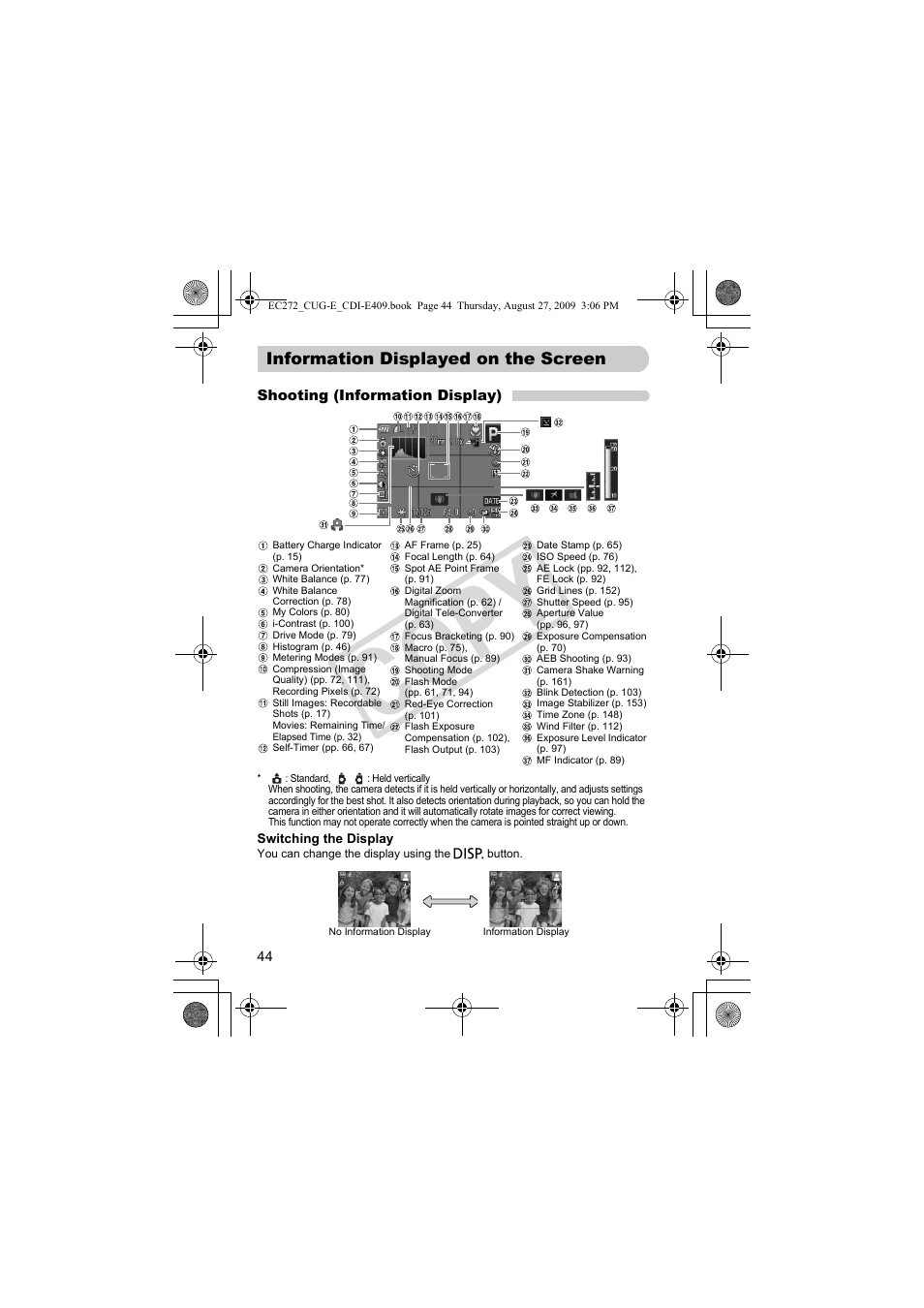 Information displayed, On the screen, Or) (p. 44) | Utton (pp. 44, C o p y | Canon Battery Charger CB-2LY CDI-E409-020 User Manual | Page 44 / 179