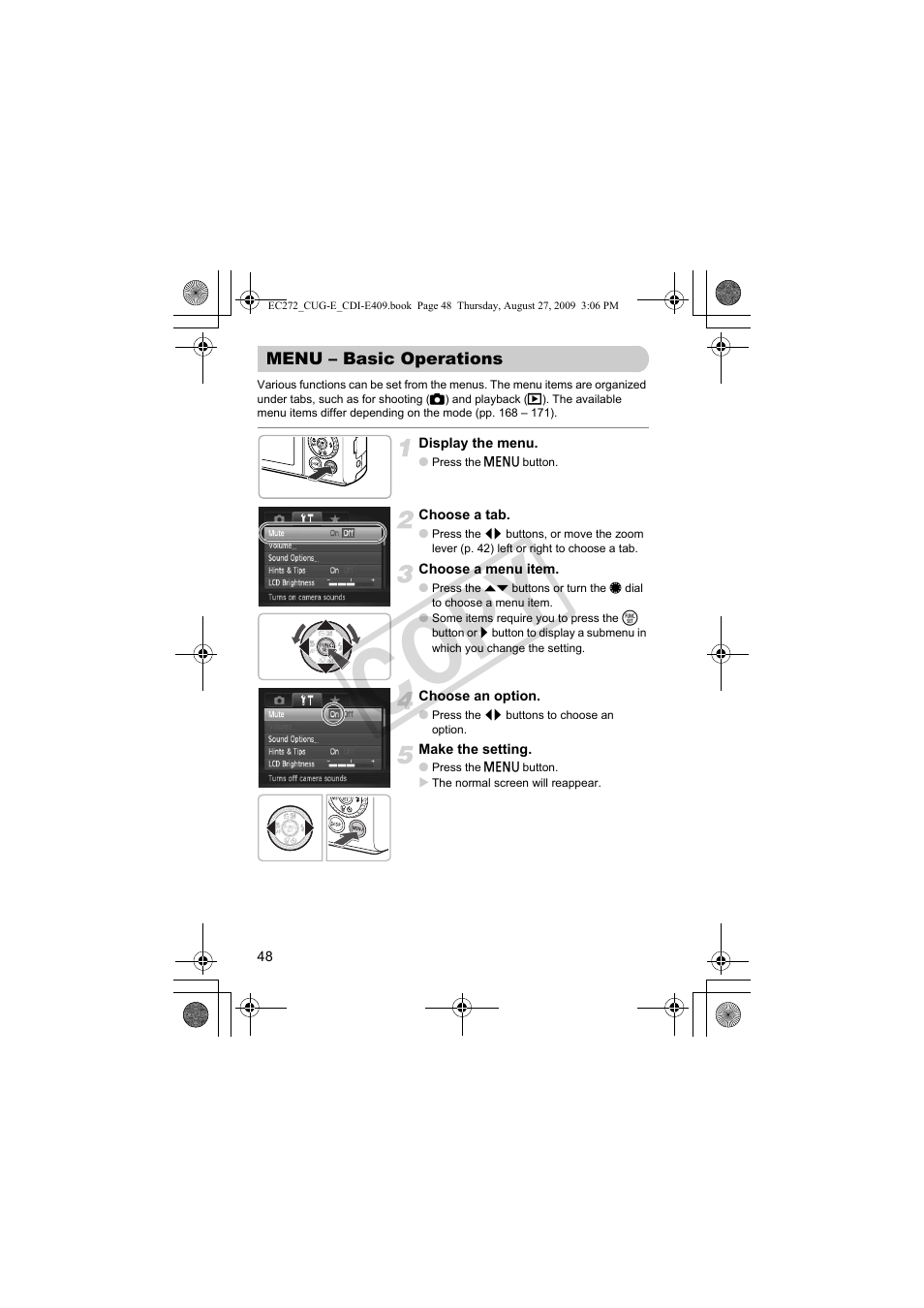 Menu – basic operations, U) button (p. 48), Co py | Canon Battery Charger CB-2LY CDI-E409-020 User Manual | Page 48 / 179