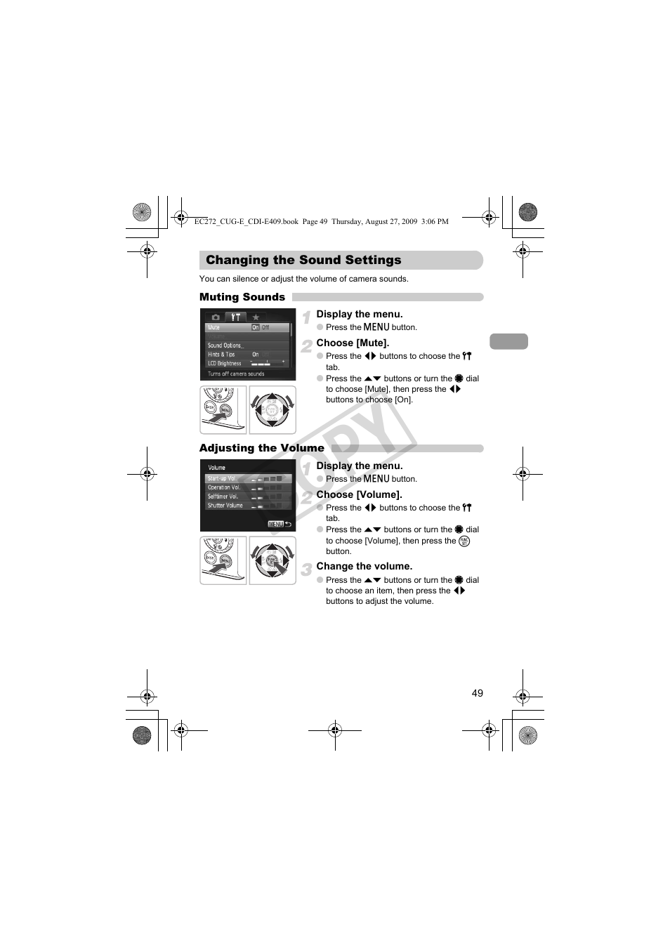 Changing the sound settings, Co py | Canon Battery Charger CB-2LY CDI-E409-020 User Manual | Page 49 / 179