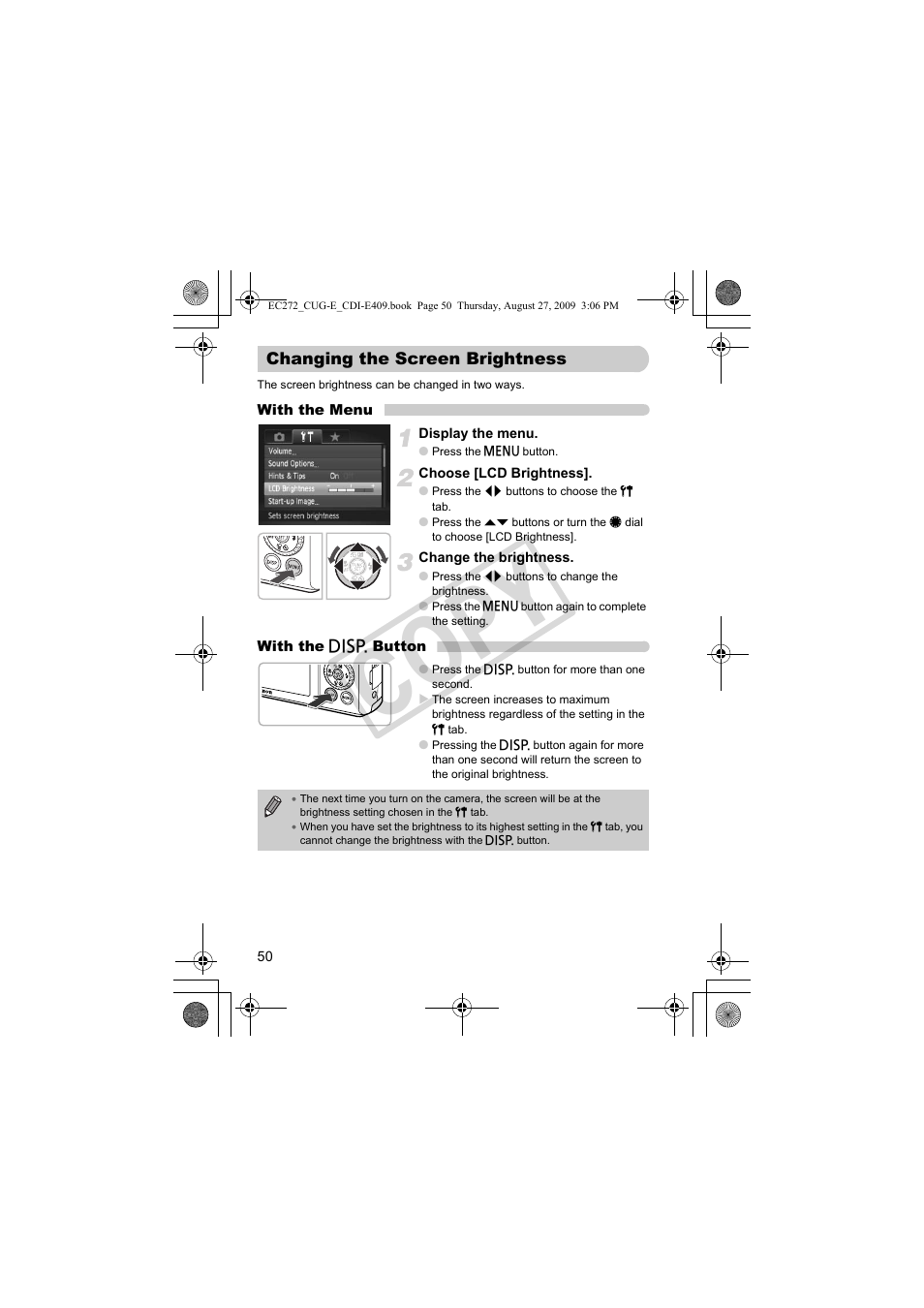 Changing the screen brightness, Co py | Canon Battery Charger CB-2LY CDI-E409-020 User Manual | Page 50 / 179