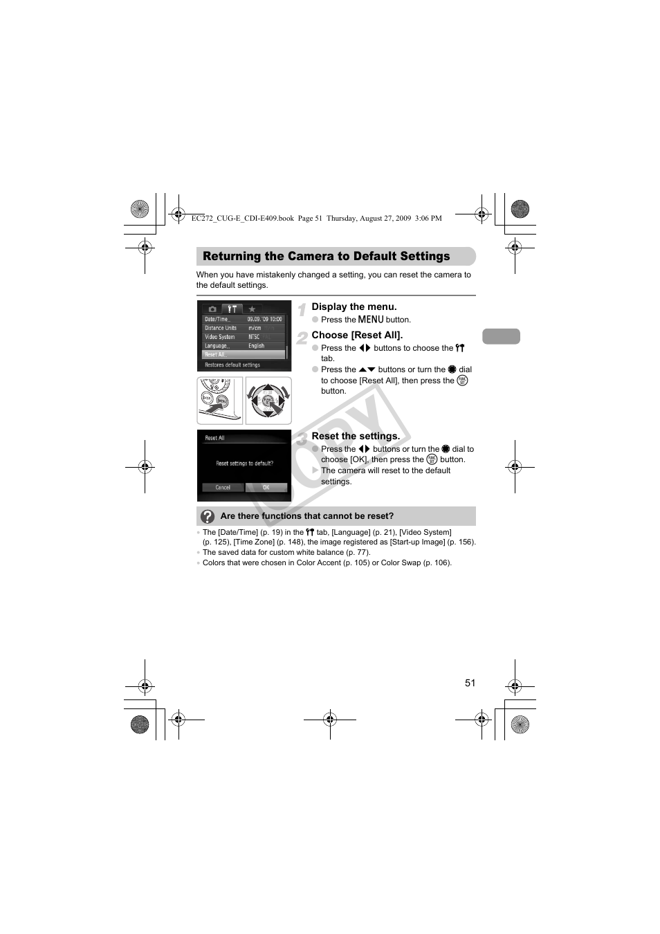 Returning the camera to default, Settings, Co py | Canon Battery Charger CB-2LY CDI-E409-020 User Manual | Page 51 / 179