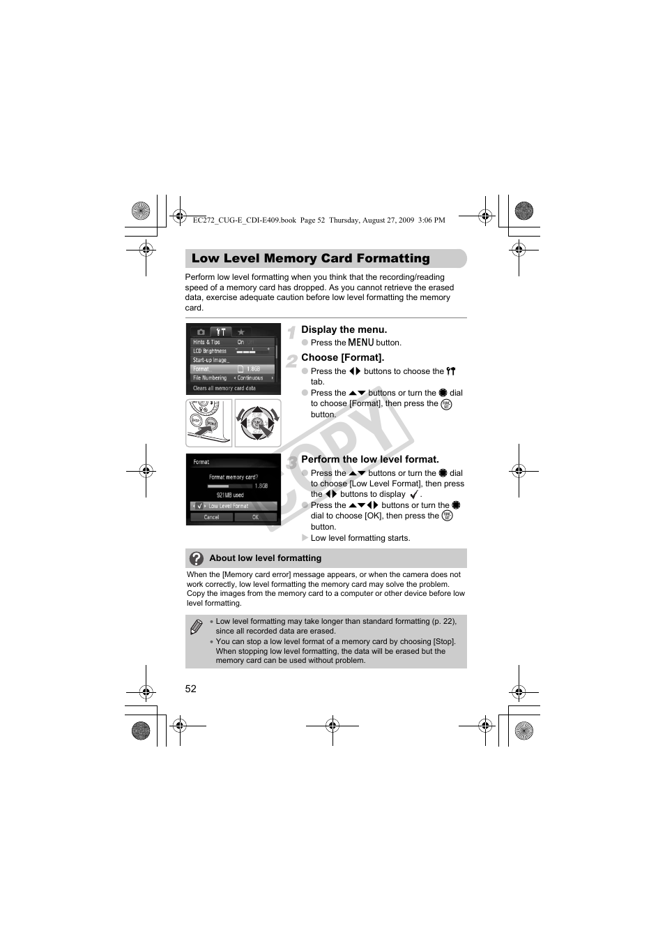 Low level memory card, Formatting, Co py | Canon Battery Charger CB-2LY CDI-E409-020 User Manual | Page 52 / 179