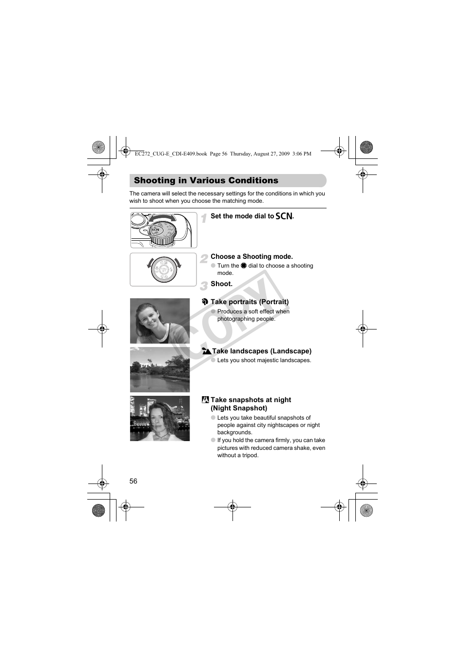 P. 56), Shooting in various conditions, Tter button (p. 56) | Co py | Canon Battery Charger CB-2LY CDI-E409-020 User Manual | Page 56 / 179